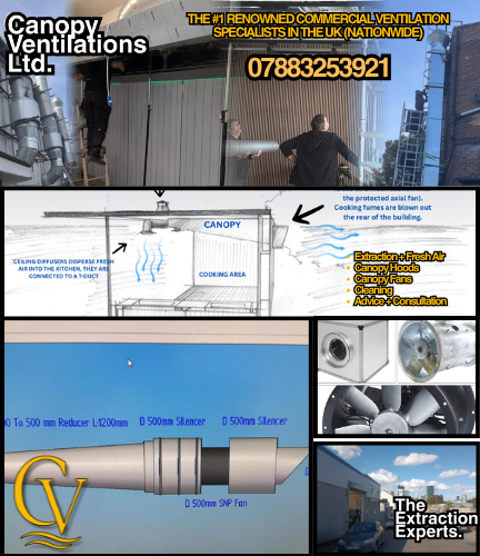 Ventilation, commercial kitchen canopy hoods, canopy fans, restaurant extraction installers.